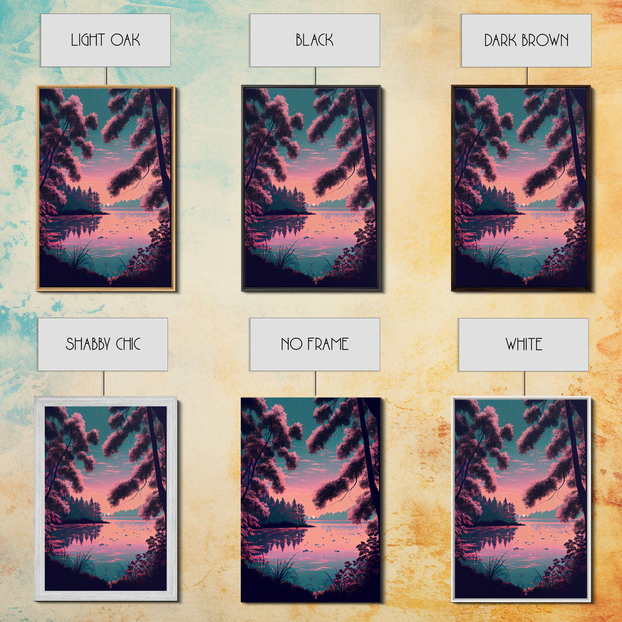 Beautiful Sunset over the lake, My Secret Spot, framed canvas print, Pinkwave retro style landscape art