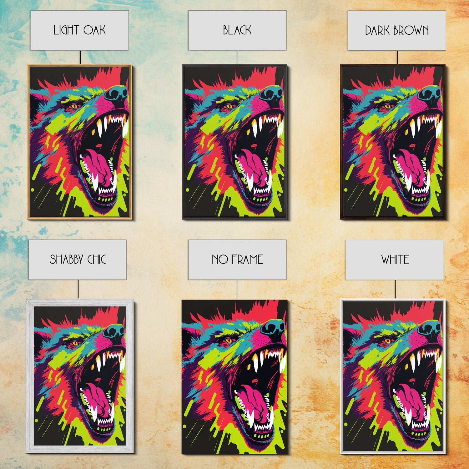 CHOMP! Wolf Bite! Framed Canvas Print, Unique Pop Art Style Animal Print