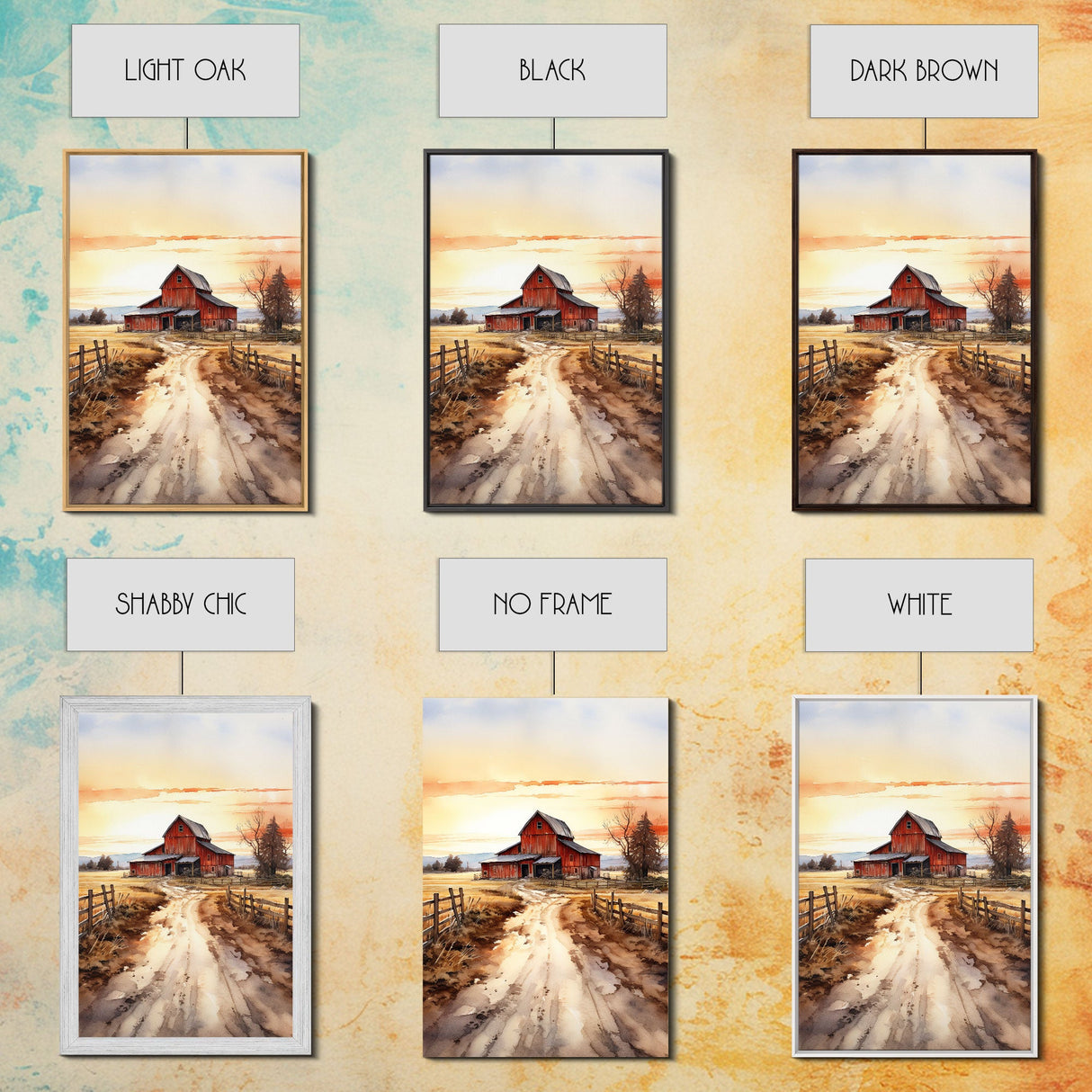 Sunset Over A Red Barn, Watercolor Painting Canvas Print, Country Poster Art, Framed Canvas, Country Roads, Rustic Farmhouse Decor