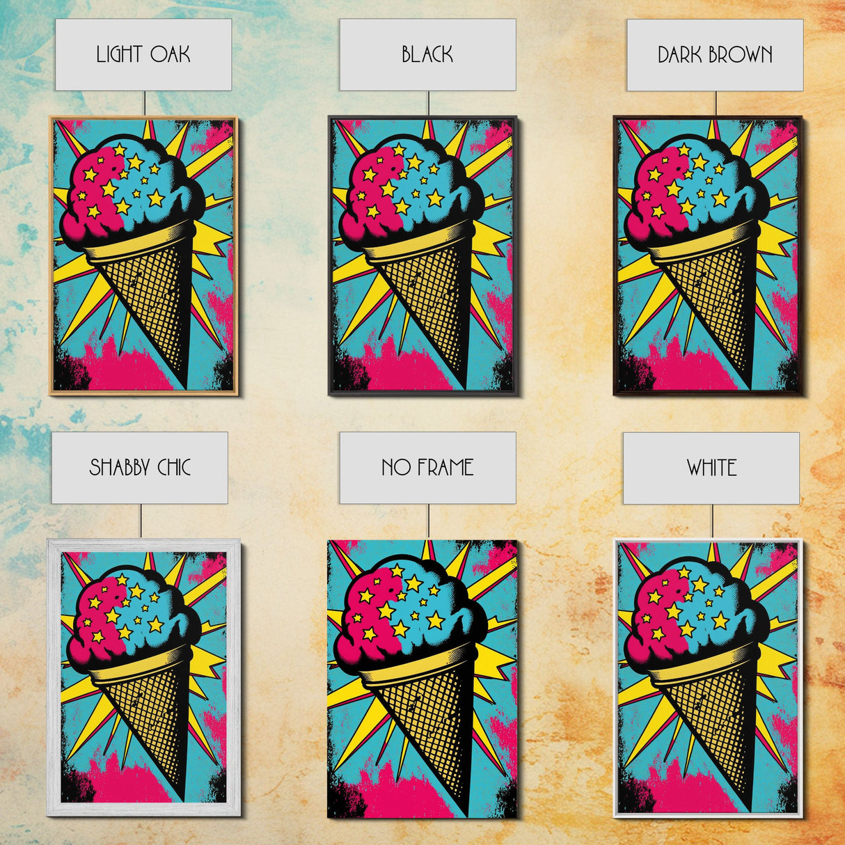 Pop Art Ice Cream, Psychedelic Ice cream cone, framed canvas print, large wall art, wall decoration, ice cream shop art