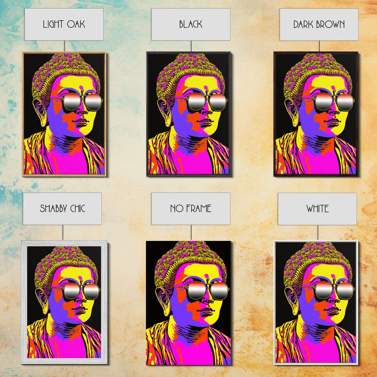 Heatwave Buddha Statue Wearing 80s Style Sunglasses, Framed Canvas Print, Psychedelic Meditation Buddhism Art, Art Deco Sunburst Buddha Art