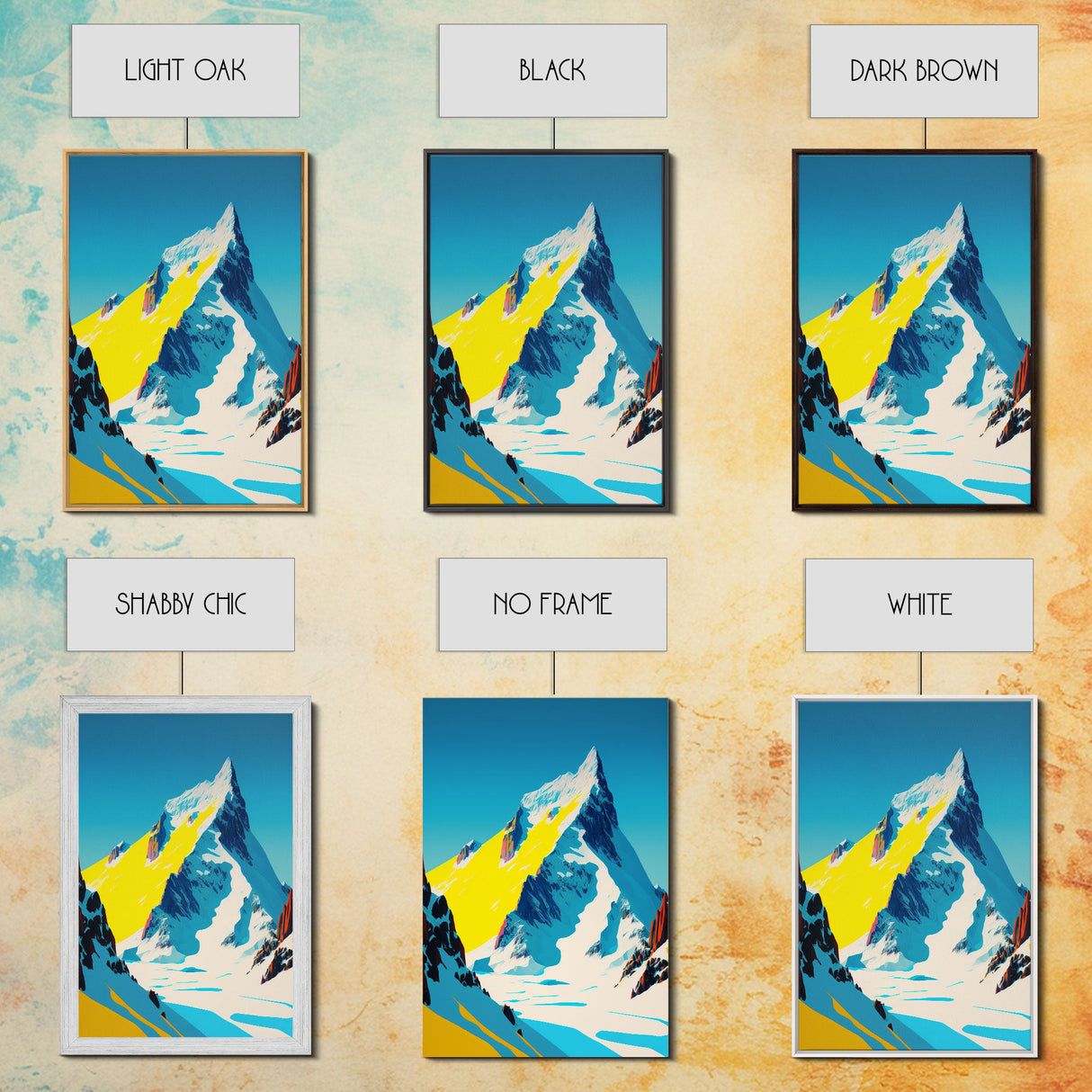 Retro Mount Everest Landscape Art, Framed Canvas Print, Retro Style Painting, Snow Capped Peaks, Orange Landscape, Minimalist MCM Art