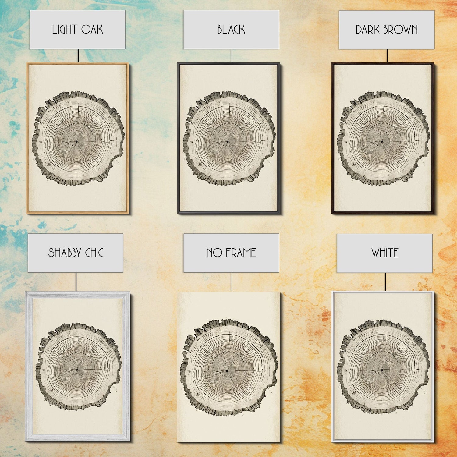 Framed Canvas Print Wall Art Pastel Grunge Wood Tree Rings Abstract Illustrations Minimalist Modern Art Boho Decor Framed Canvas Print