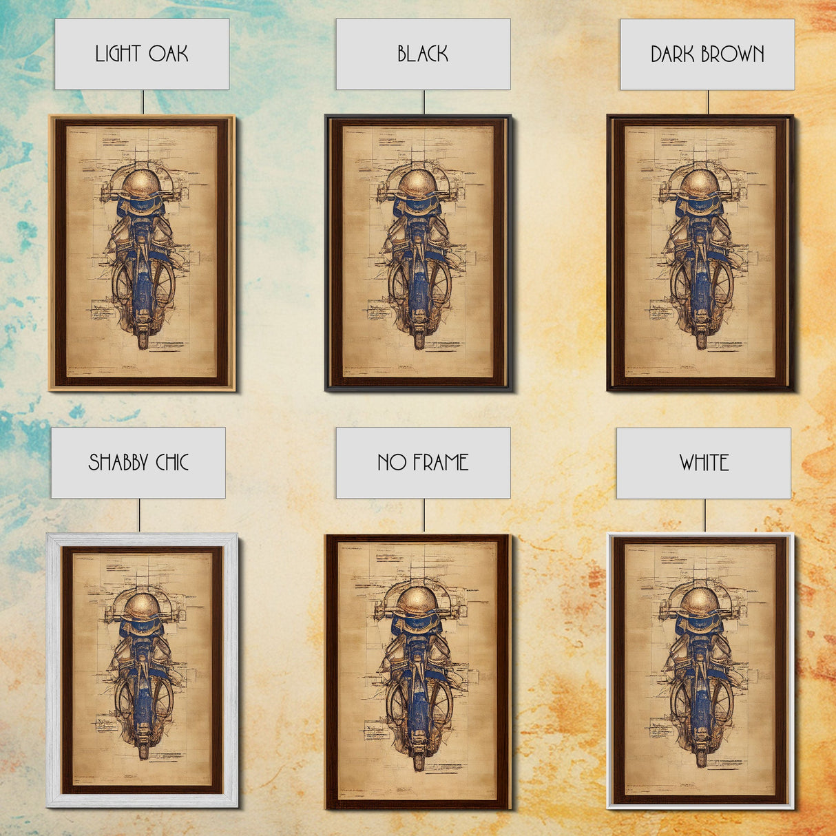 Da Vinci style steampunk motorcycle diagram, canvas print, man cave wall art, motorcycle art