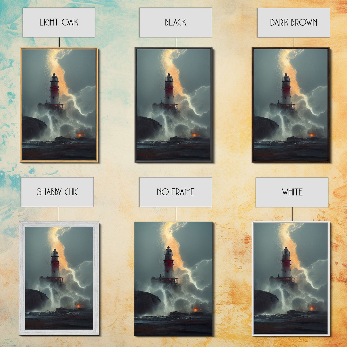 Lighthouse Oil Painting Canvas Print, Lightning striking a lighthouse during a dark stormy night, gloomy wall art