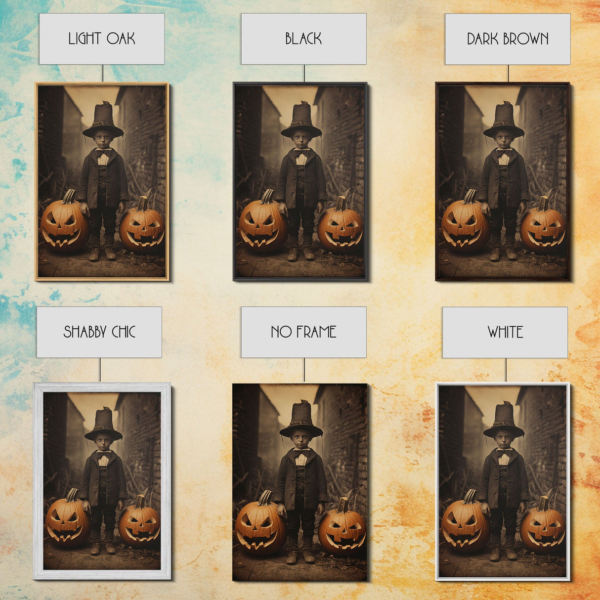 Spooky Victorian Tintype Photography, Framed Canvas Print, Halloween Art, Halloween Canvas, Pilgrim Boy and His Jack O' Lanterns