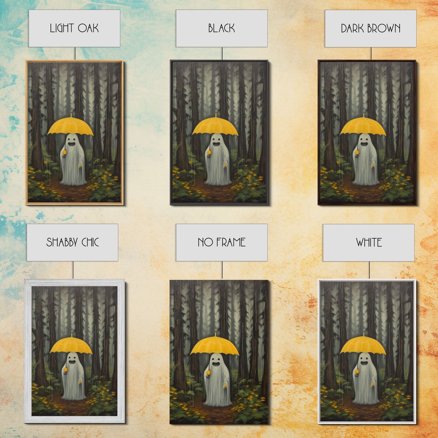 Happy Ghost In The Rain,  Vintage Halloween Canvas, Framed Canvas Print, Cute Wall Art, Who's Haunting Who?