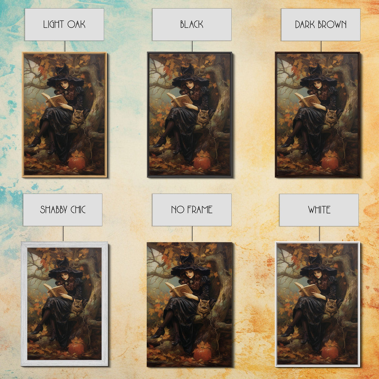 Pretty Witch Reading Spells To Her Black Cat Familiar, Vintage Halloween Art, Framed Canvas Print, Halloween Canvas Art, Witchcraft