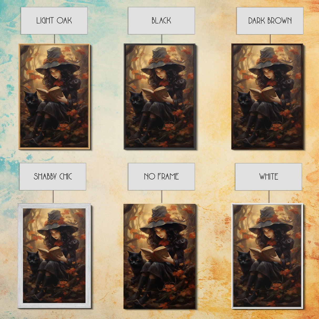 Cute Little Witch Reading Spells To Her Black Cat Familiar, Vintage Halloween Art, Framed Canvas Print, Halloween Canvas Art, Witchcraft