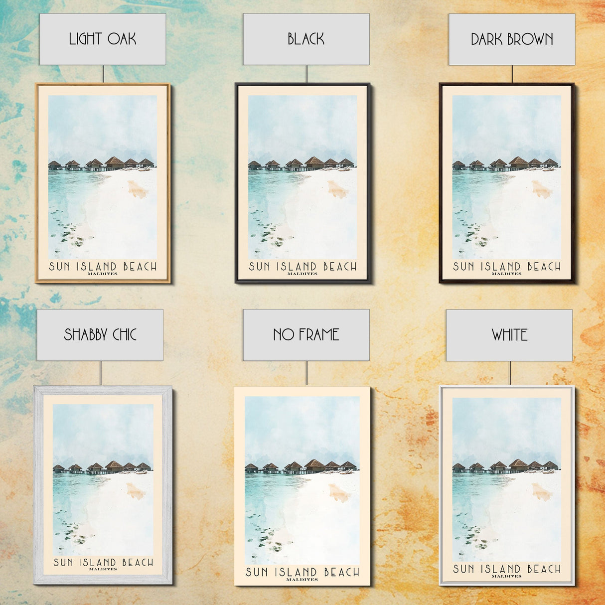 Sun Island Beach, Maldives Watercolor Print, Vacation Gift, Maldives Wall Art, Beach Painting, Beach Decor, Large Wall Art, Wood Frame Art