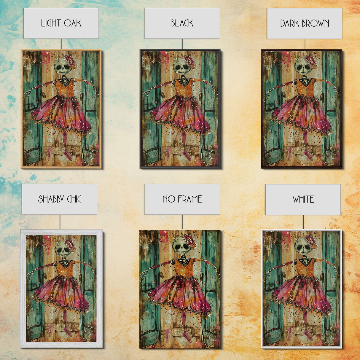 Spooky Skeleton Ballerina, Framed Canvas Print, Halloween Wall Art