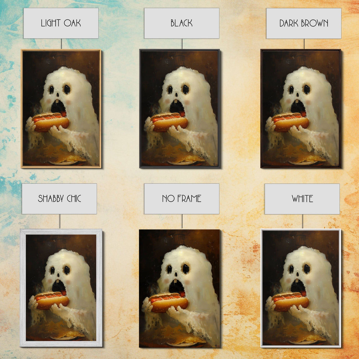 Ghostly Hot Dog Thief, Cute Lil Ghost Eatin' a Dog, The Hot Dog Ghost, Haunted Hot Dog Thief, Framed Canvas Print, Halloween Art