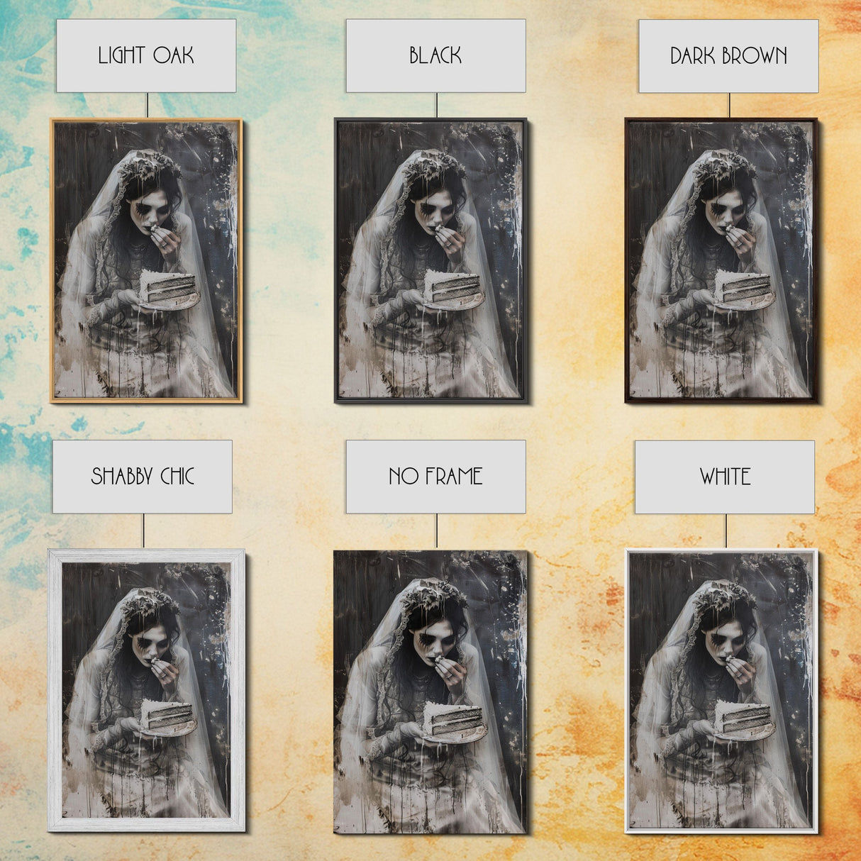 Melancholic Ghost Bride Having A Slice of Birthday Cake, Framed Canvas Print, Halloween Decor