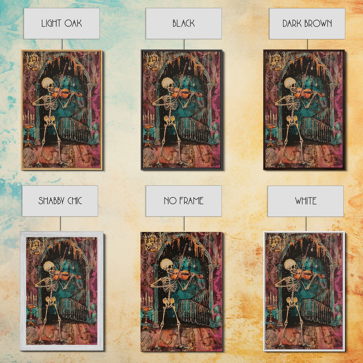 Halloween Skeleton Playing Violin, Framed Canvas Print, Wall Art, Living Room Decor, Spooky, Skeleton Art, Original Painting