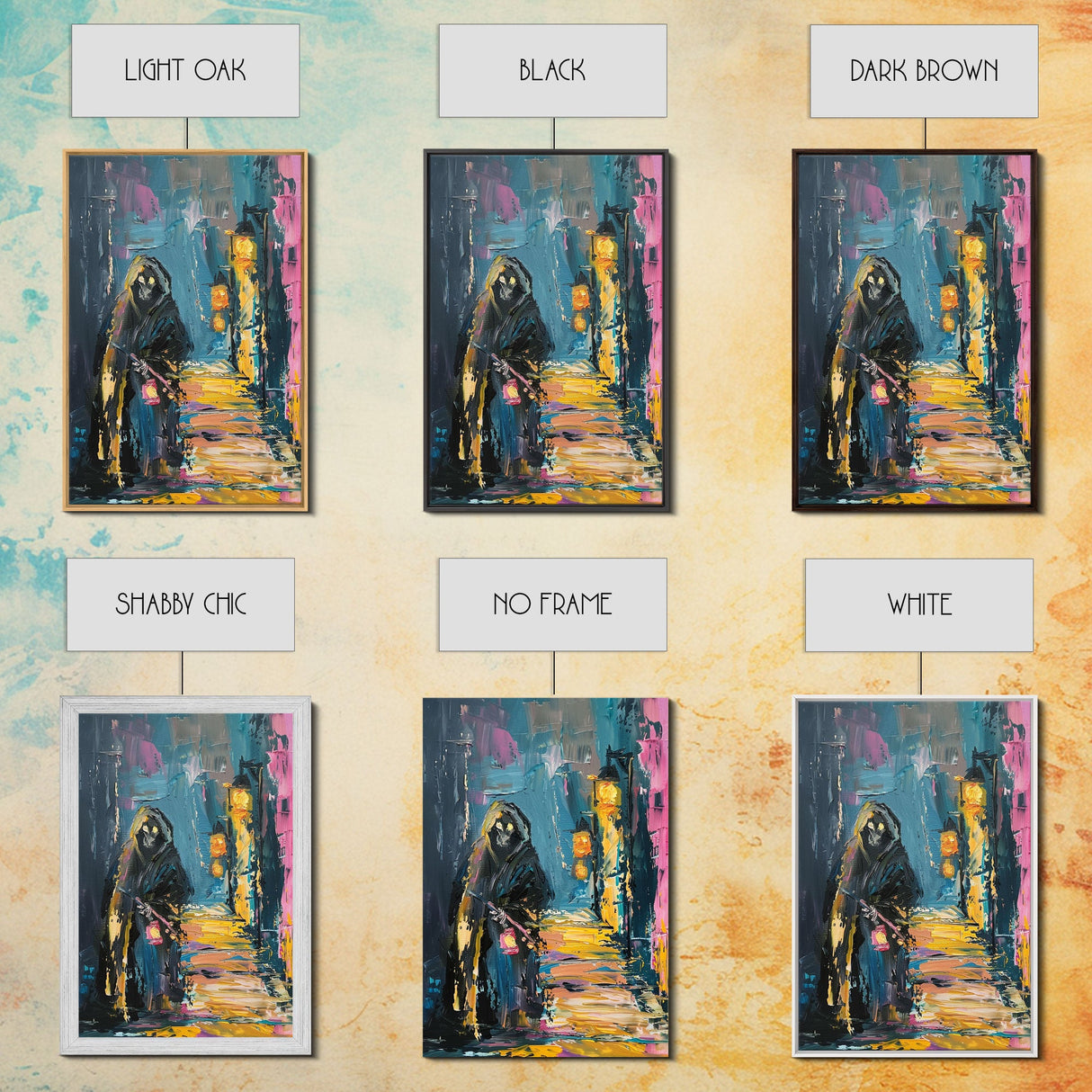 Halloween Grim Reaper with Lantern, Framed Canvas Print, Wall Art, Living Room Decor, Spooky, Grim Reaper Art, Original Painting