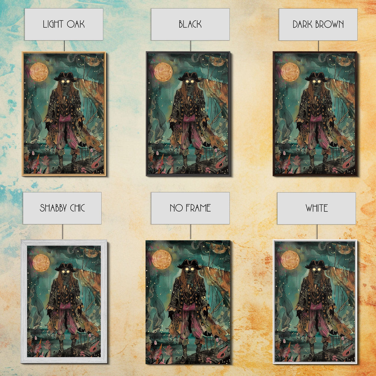 Halloween Ghost Pirate Under Full Moon Framed Canvas Print, Spooky Decor, Living Room Art, Nautical Halloween Wall Art, Home Decoration