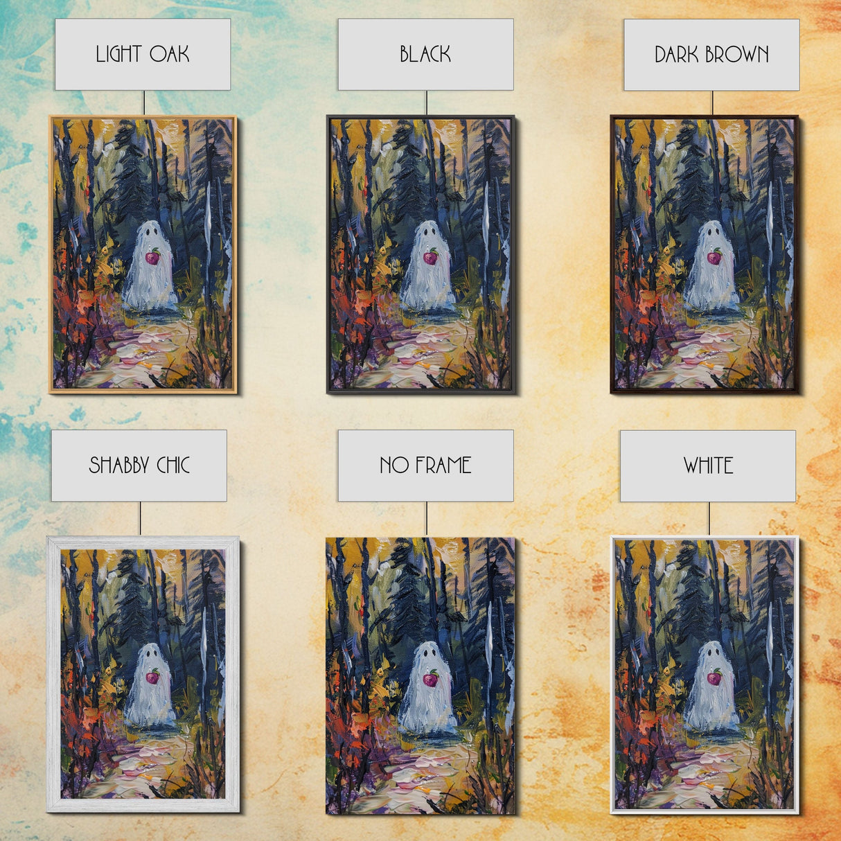 Halloween Ghost in Forest with Apple Framed Canvas Print, Whimsical Spooky Decor, Living Room Art, Fun Halloween Art, Home Decor, Retro Art