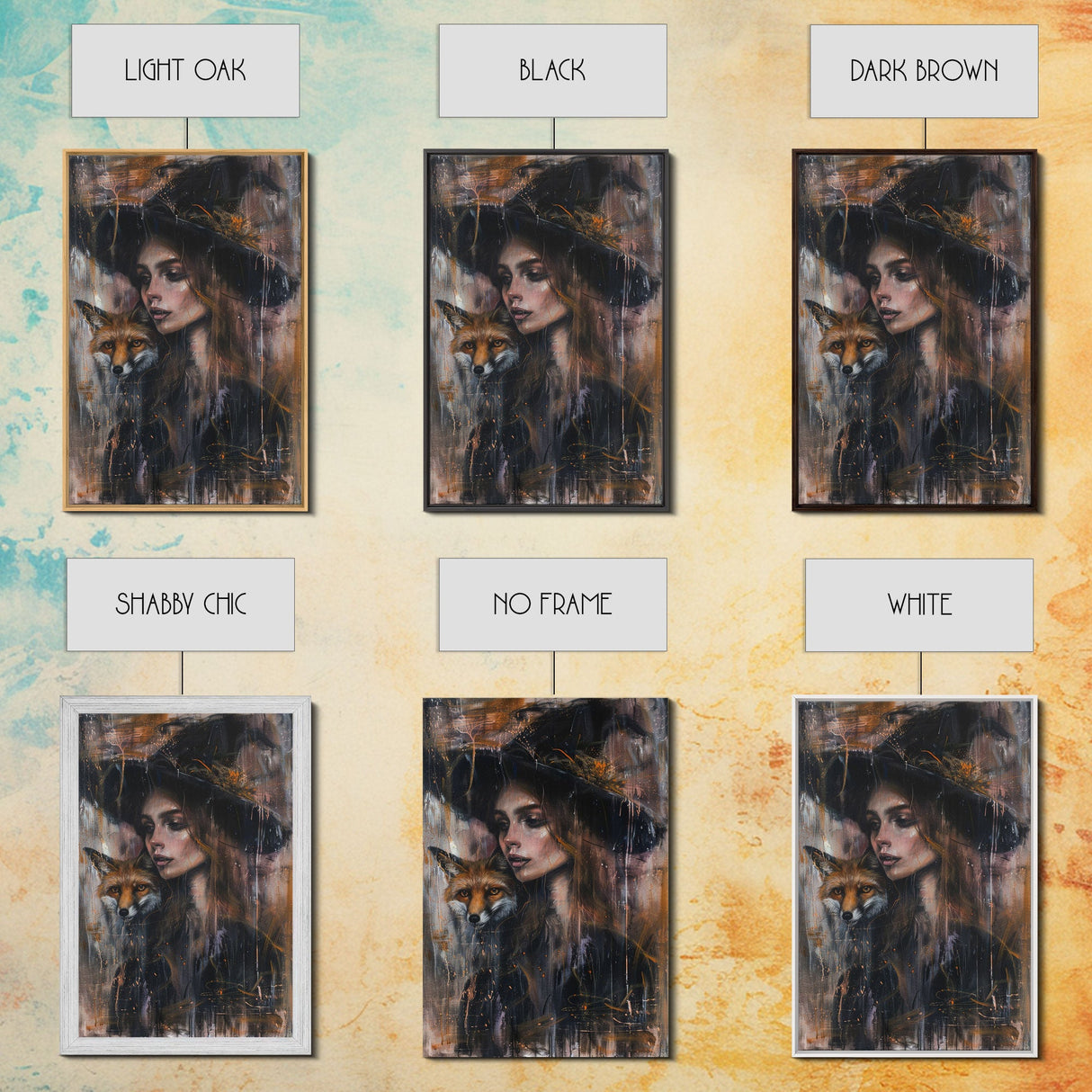 The Witch And Her Fox Familiar Framed Canvas Print | Halloween Unique Decor / Gift Idea | Witch Art | Witch Hat | Framed Canvas