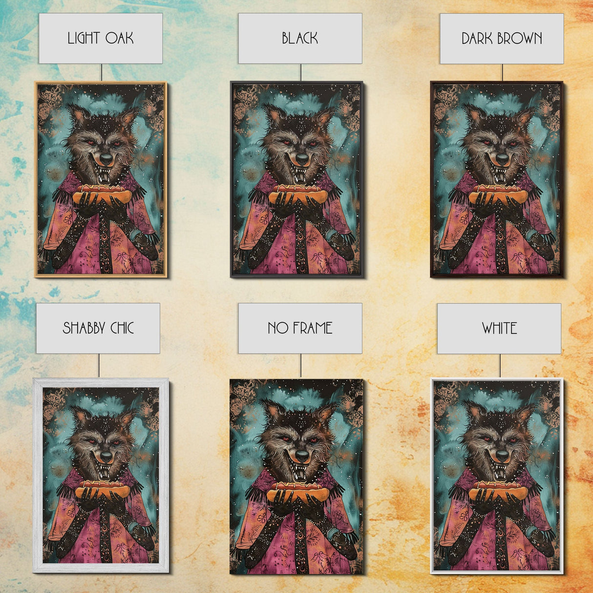 Halloween Werewolf with Hotdog, Framed Canvas Print, Wall Art, Home Decor, Spooky Artwork, Monster Decor, Halloween Decor, Funny Halloween