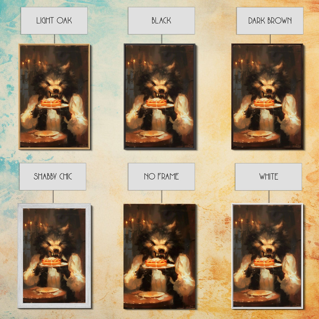 Halloween Werewolf Eating Hotdog, Framed Canvas Print, Wall Art, Spooky Artwork, Fantasy Decor, Halloween Decor, Whimsical Funny Halloween