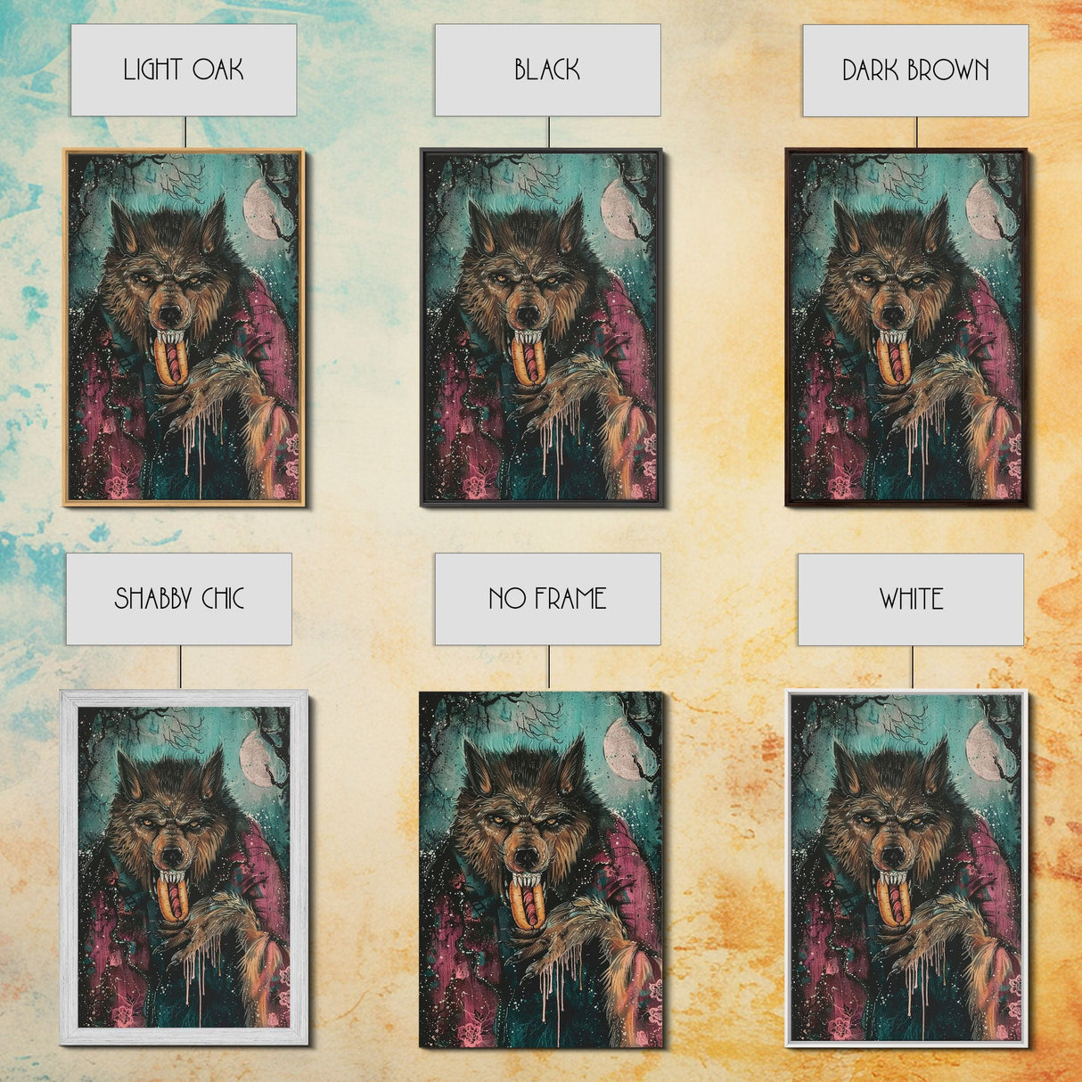 Halloween Werewolf Snarling with Hotdog, Framed Canvas Print, Wall Art, Home Decor, Spooky Artwork, Monster Decor, Halloween Decor