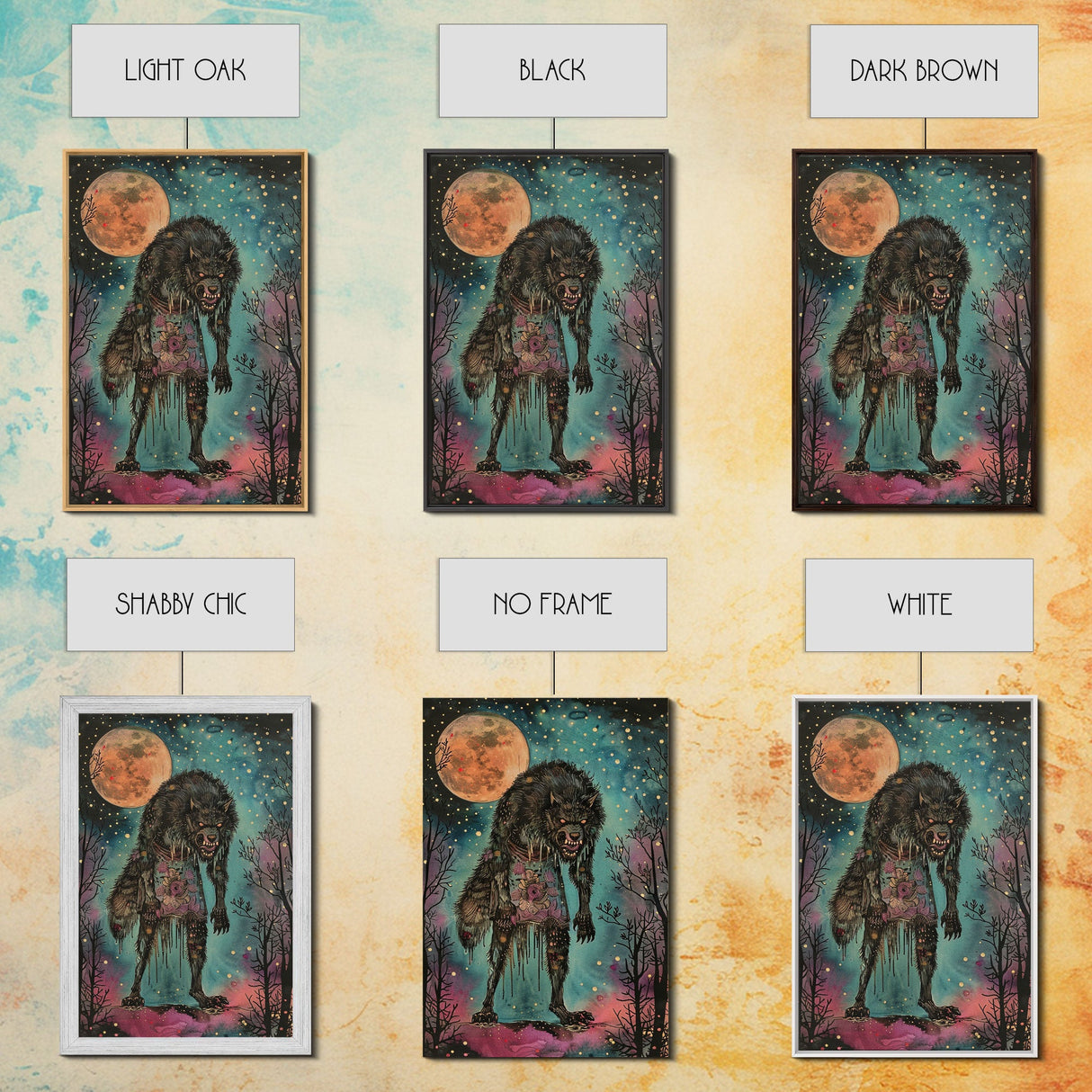 Halloween Spooky Full Moon Werewolf Framed Canvas Print, Wall Art, Living Room Decor, Halloween Decoration, Scary Wall Hanging, Haunted Art