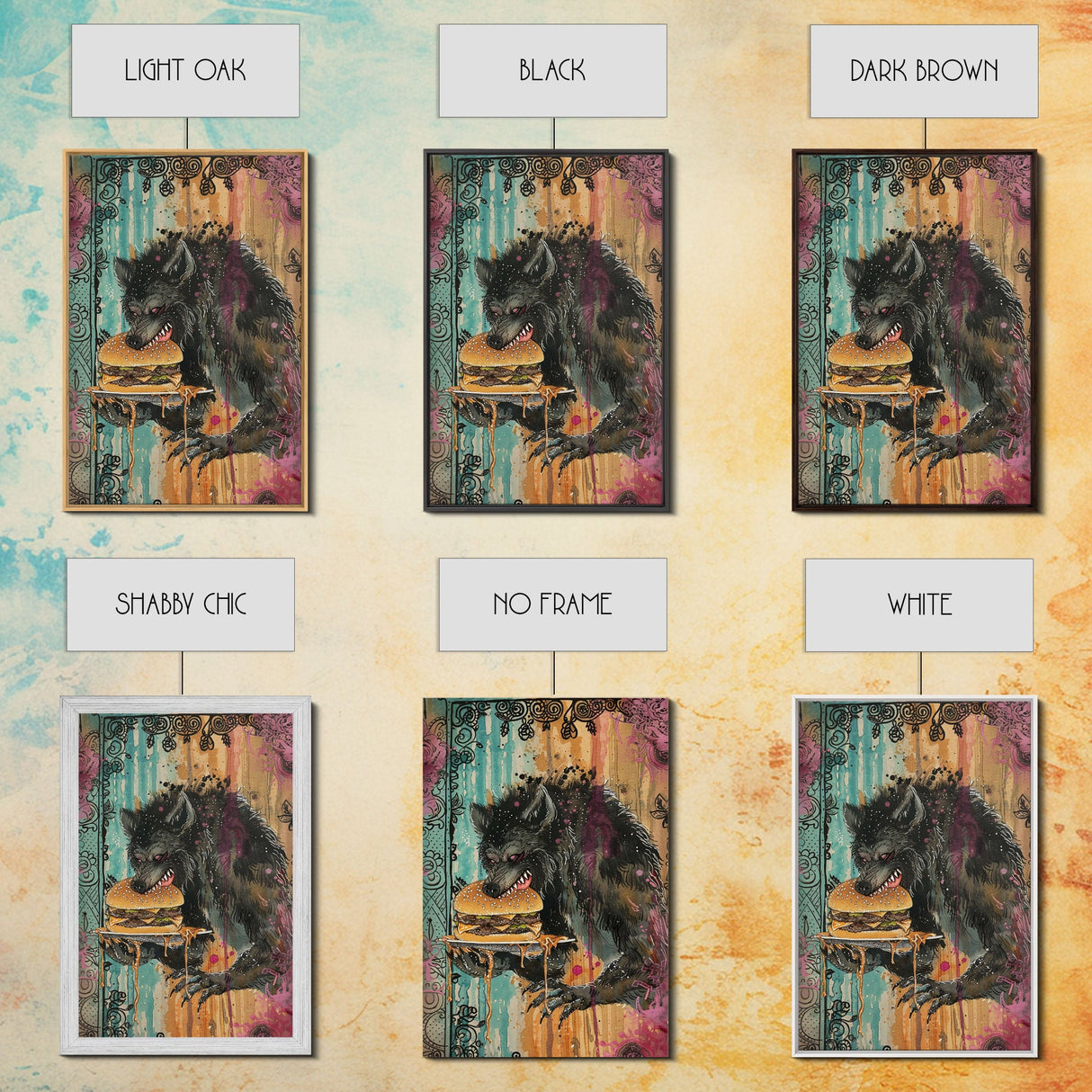 Halloween Creepy Werewolf with Burger Framed Canvas Print, Wall Art, Living Room Decor, Kitchen Art, Unique Halloween Gift, Spooky Decor