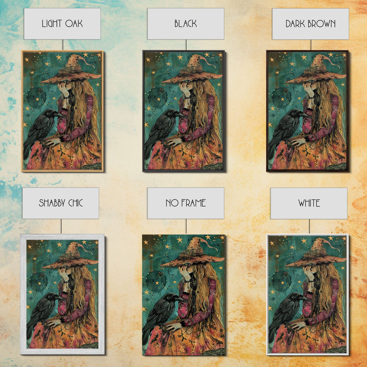 The Witch and her Sassy Raven Framed Canvas Print, Spooky Decor, Halloween Art, Halloween Props / Gift Idea, Spooky Decor, Home Decor