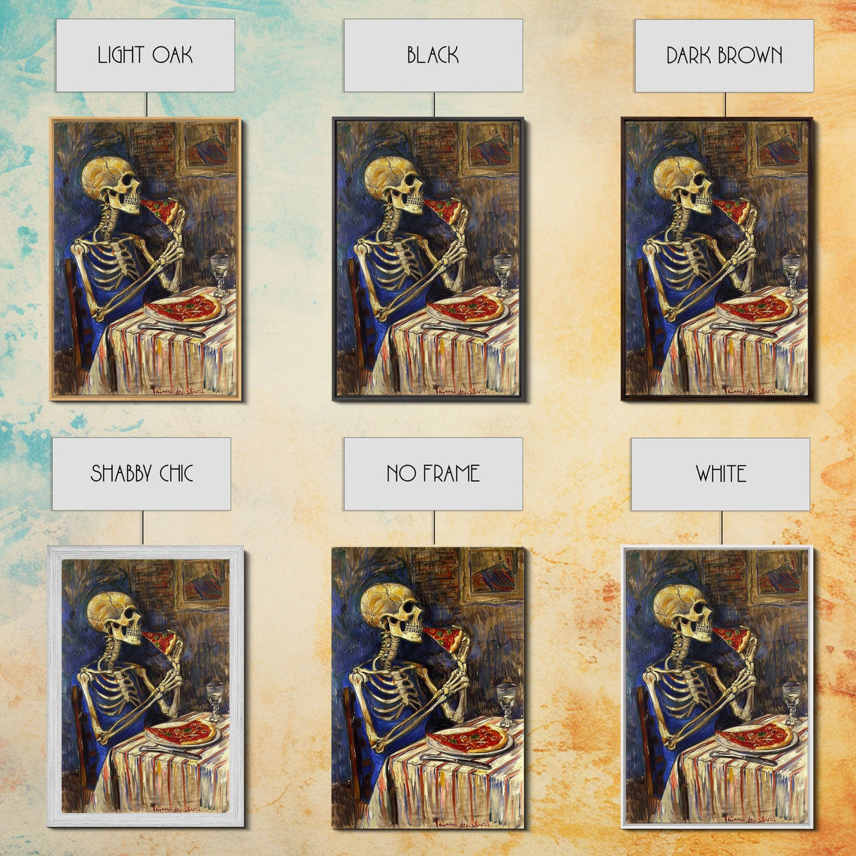 Funny Skeleton Eating A Pizza, Framed Canvas Print, Halloween Decor