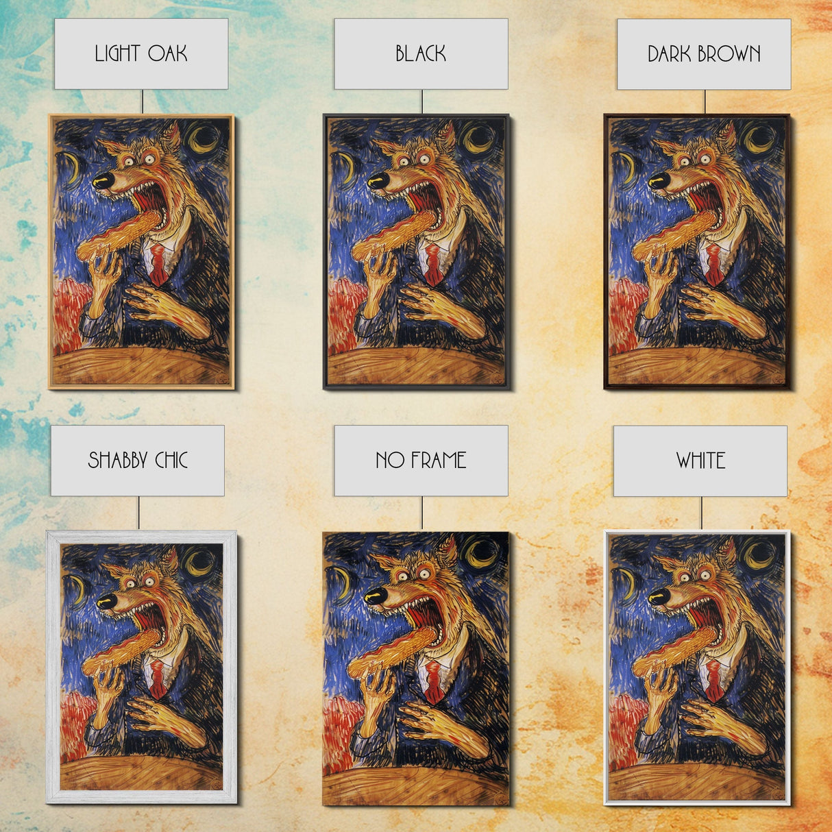 Business Werewolf Eating a Hot Dog, Framed Canvas print, Funny Halloween Art, Spooky Season, The Scream Inspired Funny Art