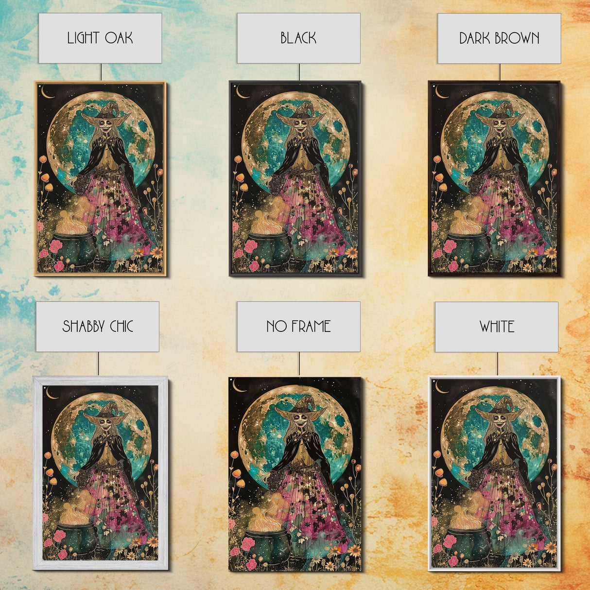 Spooky Witch with Cauldron Under Full Moon Framed Canvas Print | Halloween Witch Art | Witch Decor for Home | Magical Halloween Artwork