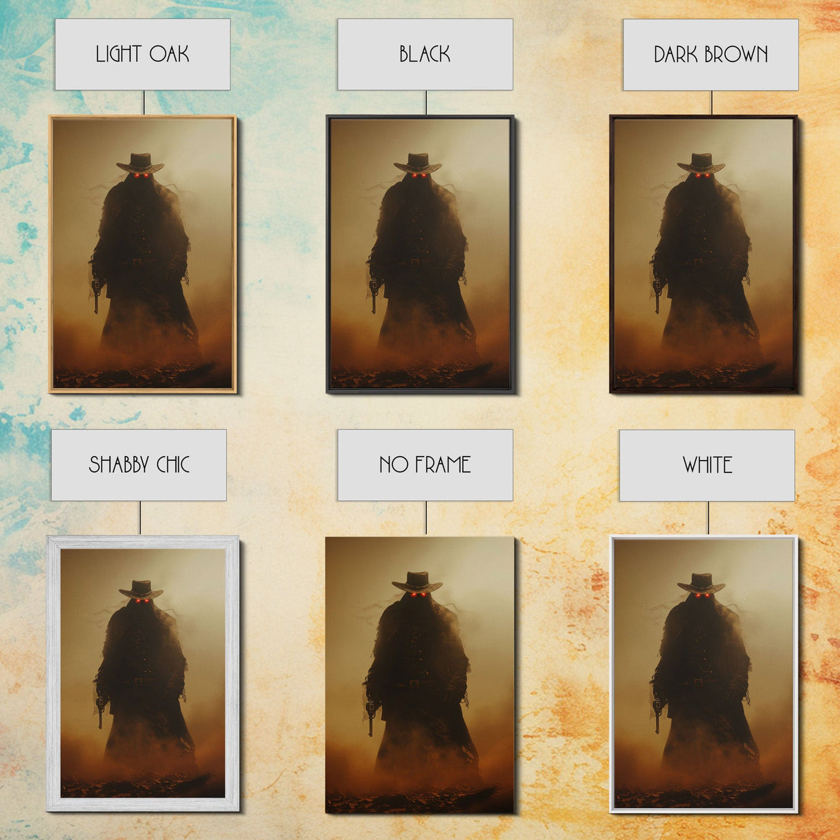 Mysterious Cowboy with Glowing Red Eyes in Desert | Halloween Wall Art | Spooky Home Decor | Creepy Cowboy Painting | Framed Canvas Print