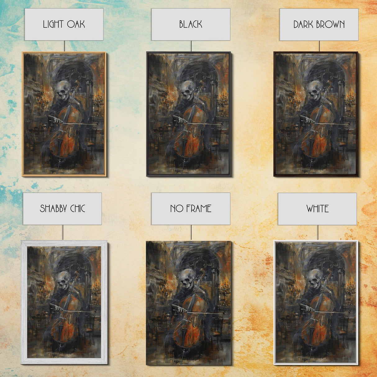 Skeleton Cellist in Gothic Cathedral | Halloween Wall Art | Spooky Home Decor | Creepy Skeleton Musician Painting | Framed Canvas Print