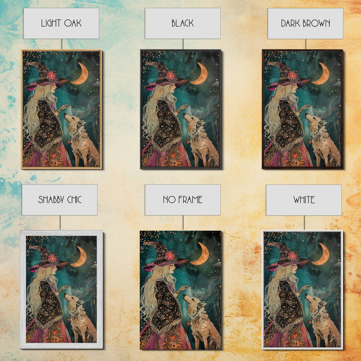 Mystical Witch and Wolf Under Crescent Moon - Halloween Wall Art - Spooky Home Decor - Perfect Halloween Gift - Witch and Wolf Painting