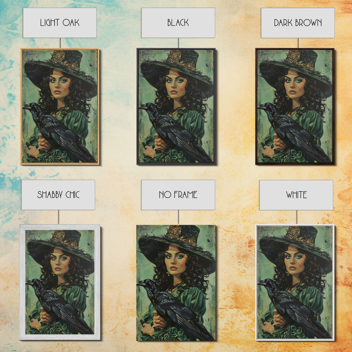 Raven Witch in Green Dress - Halloween Wall Art - Spooky Home Decor - Witch and Raven Painting - Gothic Halloween Decoration