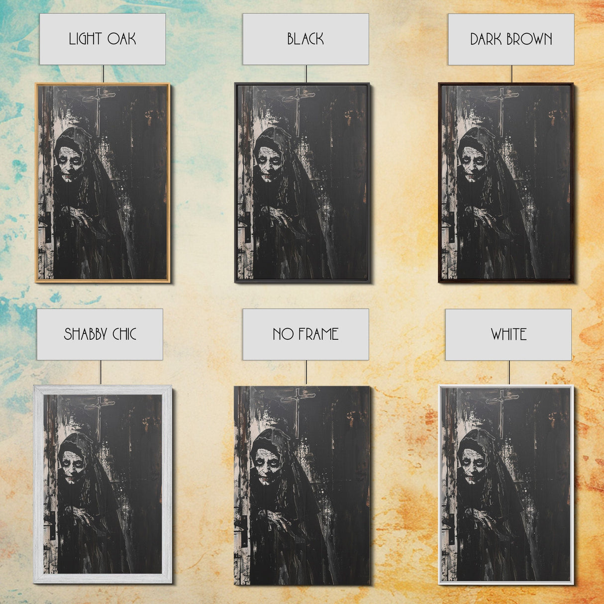 Haunted Nun with Eerie Expression, Framed Canvas Print, Gothic Halloween Art, Spooky Religious Decor, Scary Nun Painting, Gothic Home Art