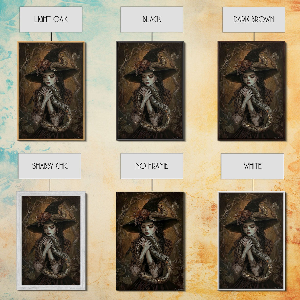 Mysterious Witch Holding Snake, Framed Canvas Print, Gothic Witch Art, Dark Fantasy Decor, Witch and Serpent, Halloween Accessories