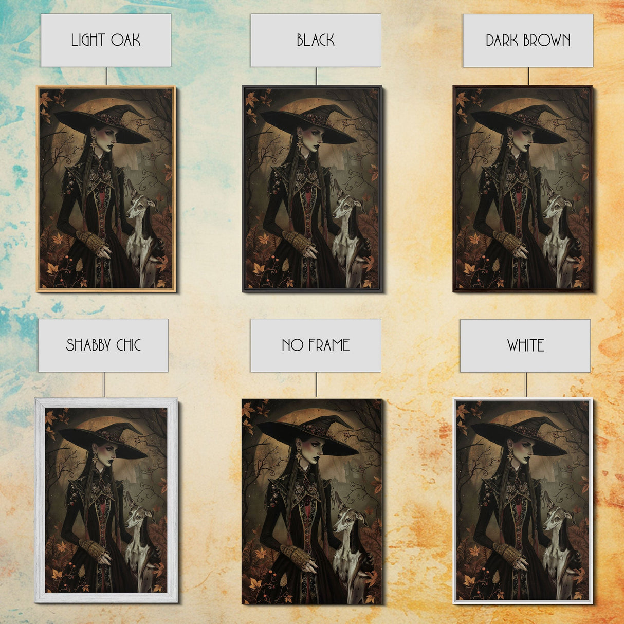 Gothic Witch with Elegant Dog, Framed Canvas Print, Dark Witch Art, Victorian Witch, Halloween Witch Decor, Gothic Home Decor