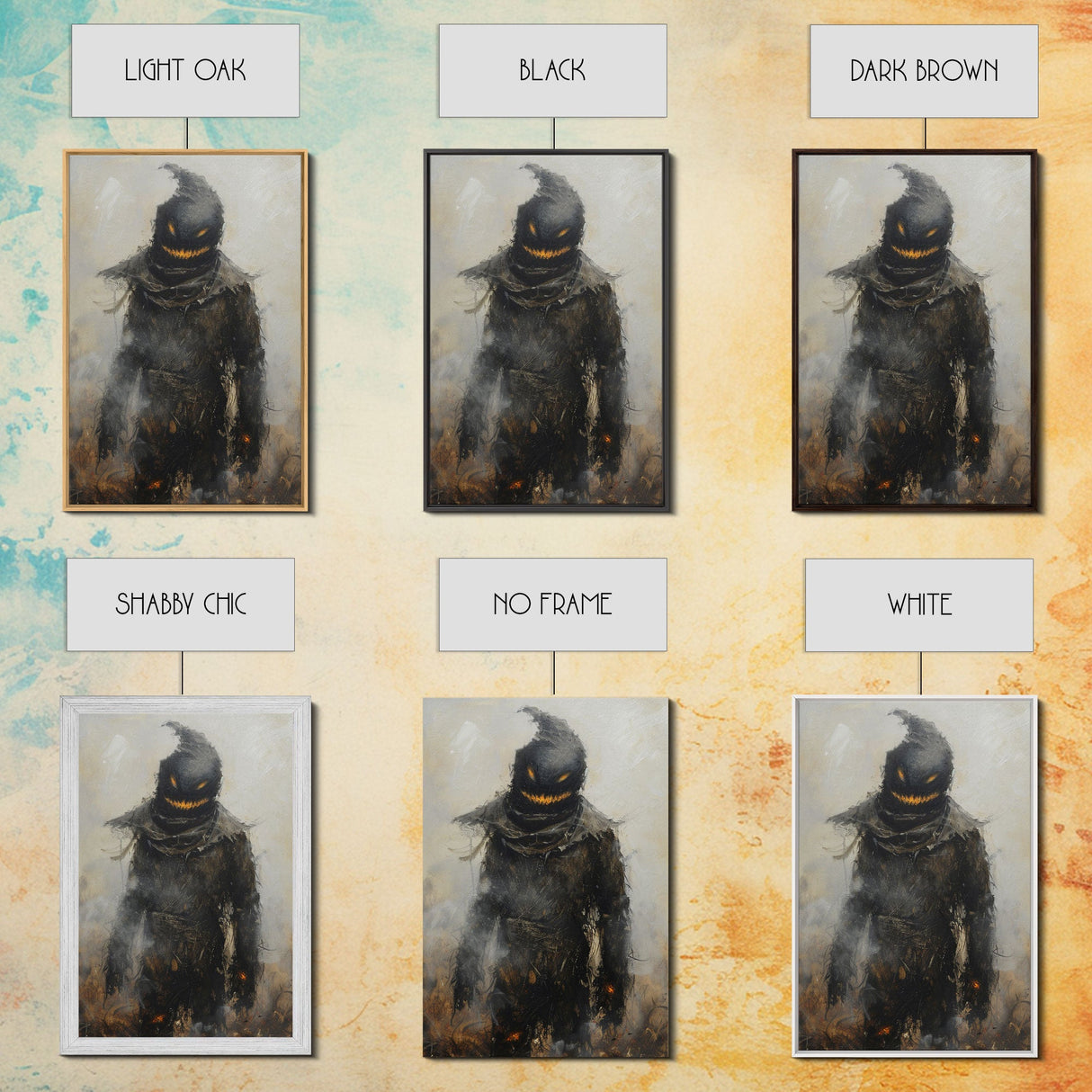 Scarecrow with Glowing Eyes in Dark Field, Framed Canvas Print, Halloween Scarecrow Art, Spooky Farm Decor, Creepy Harvest Illustration