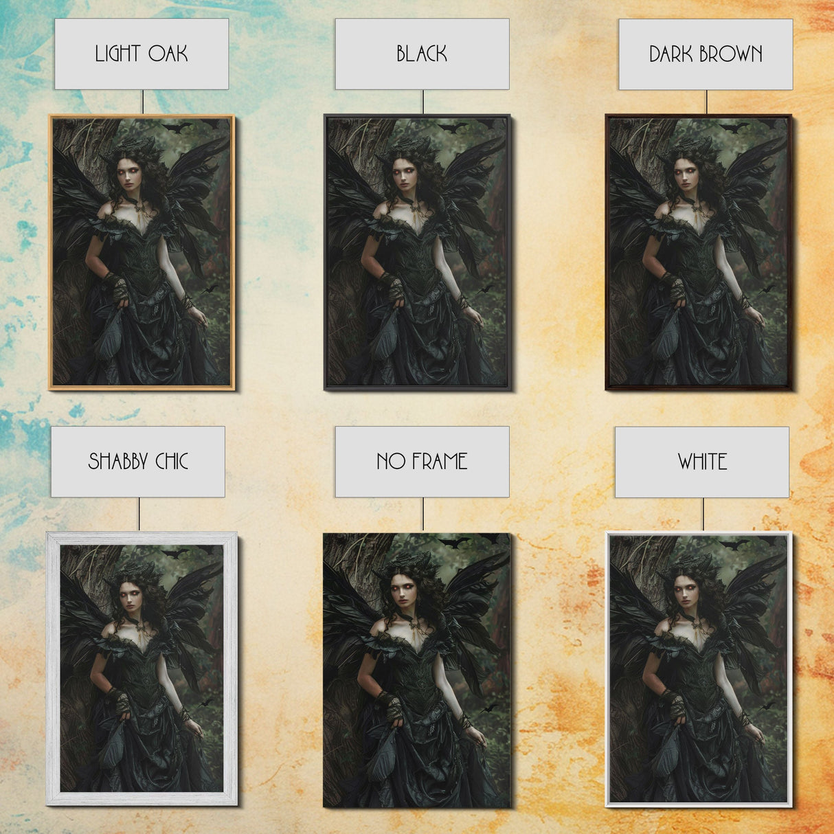 Dark Angel with Glowing Eyes in Haunted Forest - Mysterious Gothic Framed Canvas Print, Halloween Wall Art Decor