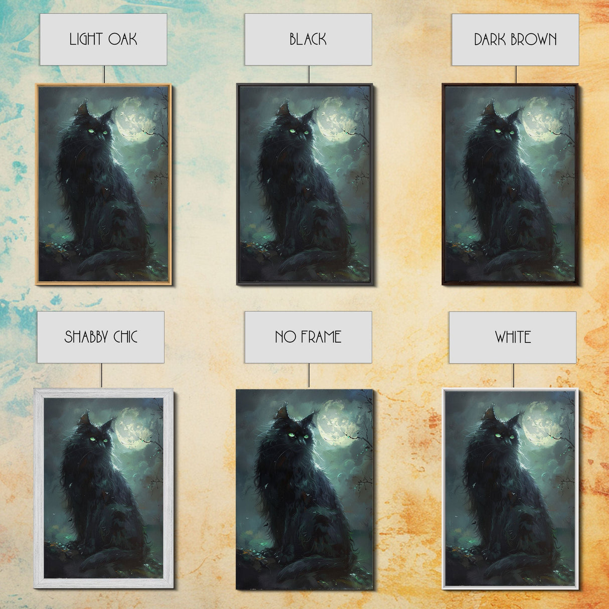 Sinister Black Cat with Green Eyes Under Moonlight - Spooky Halloween Artwork Framed Canvas Print, Gothic Home Wall Decor