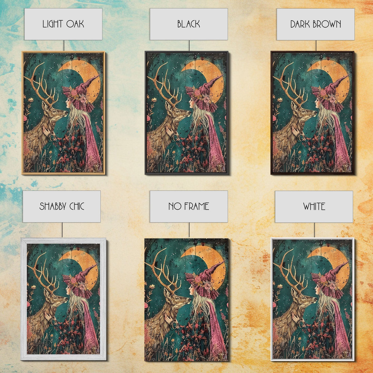 Gothic Witch with Turtle in Dark Forest - Enigmatic Halloween Artwork Framed Canvas Print, Spooky Home Wall Decor