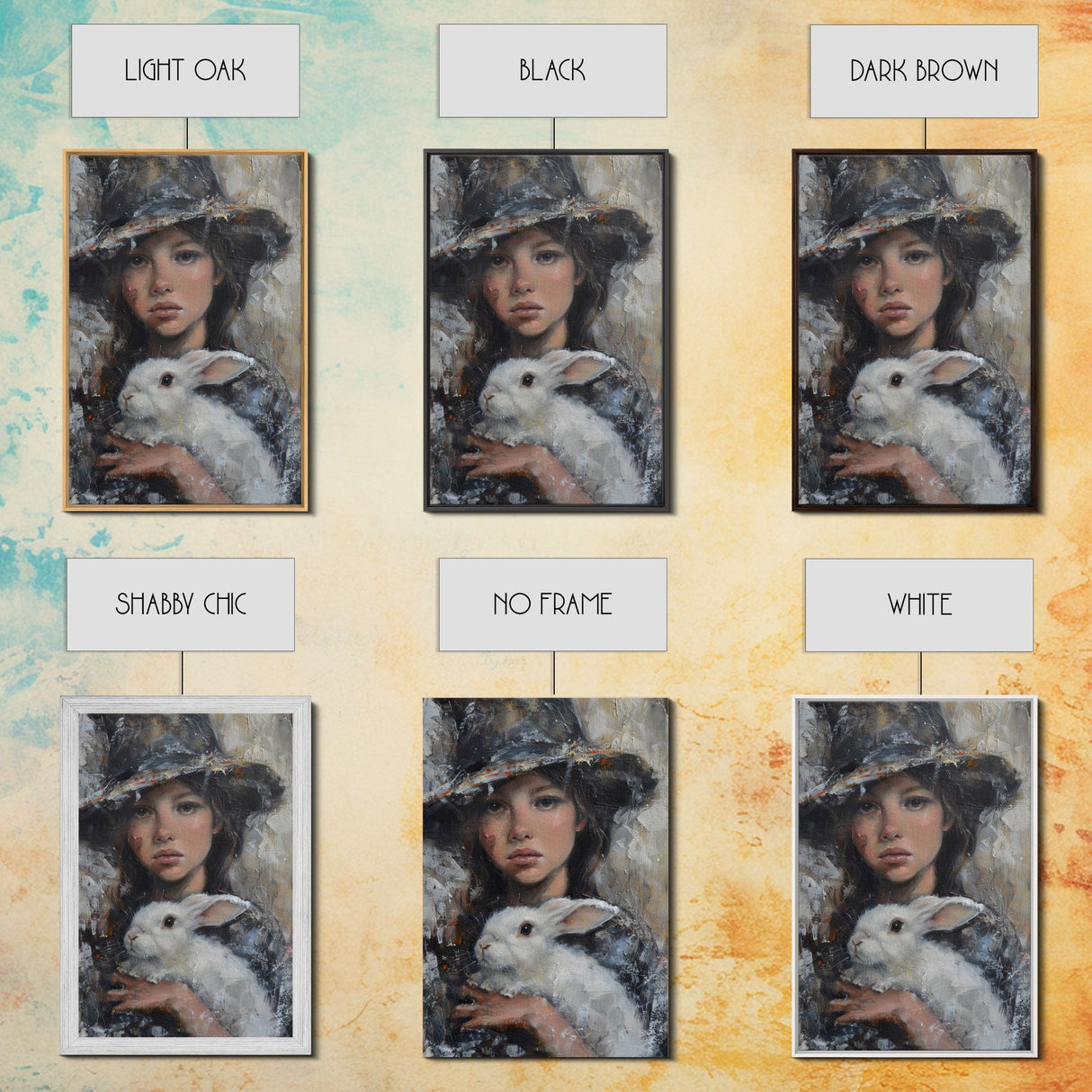 Enchanting Witch with White Rabbit in Serene Autumn Setting - Mystical Forest Art Framed Canvas Print, Halloween Home Decor