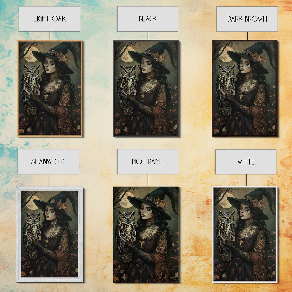 Mysterious Witch with Owl Companion - Moonlit Enchantment, Mystical Beauty Framed Canvas Print, Halloween Wall Art