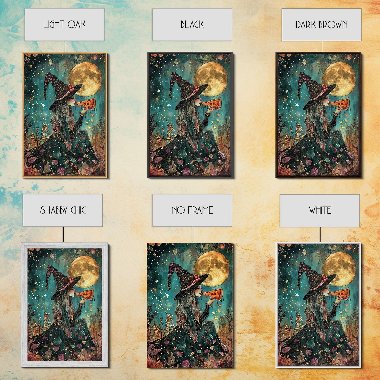 Spring Witch and Her Slice Of Pizza, Framed Canvas Print, Cute / Funny Halloween Art