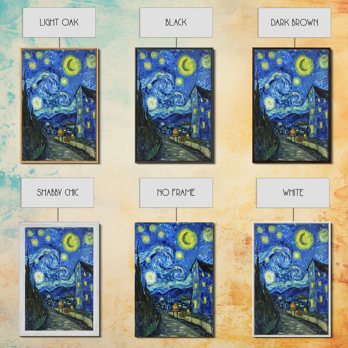 Starry Night Inspired Haunted Halloween Village Framed Canvas Print, Van Gogh Inspired, Spooky Season Halloween Art