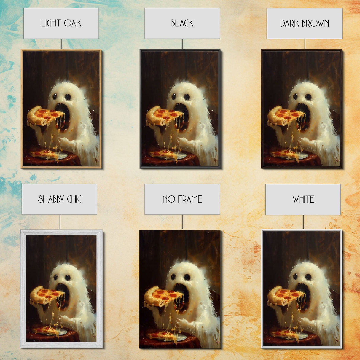 Cute Ghost Chompin on A Pizza, Ghostly Pizza Pirate, Framed Canvas Print, Funny Halloween Spooky Season Art