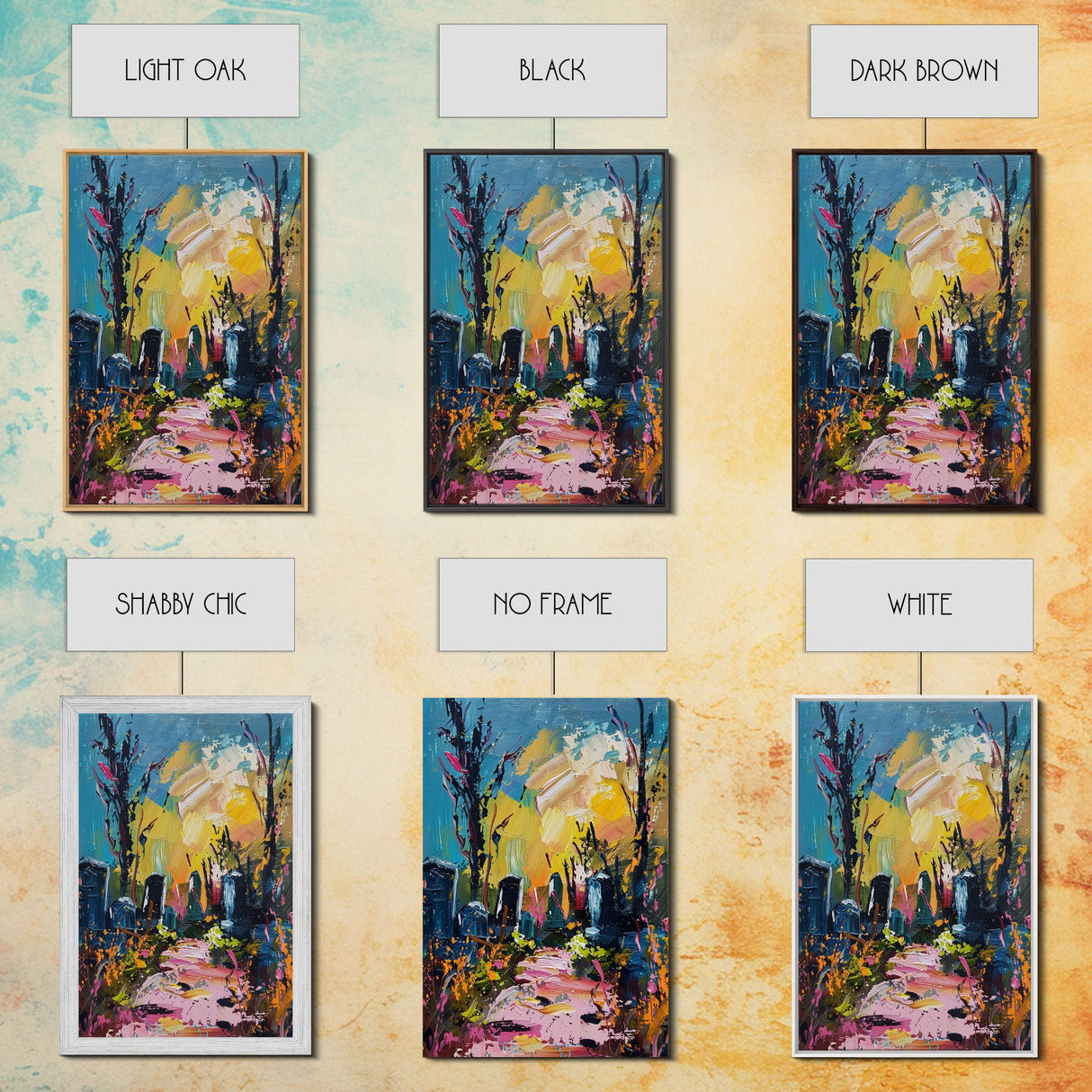 Colorful Haunted Cemetary, Springtime Halloween Mashup, Spooky Season Vibes, Framed Canvas Print, Haunted Graveyard