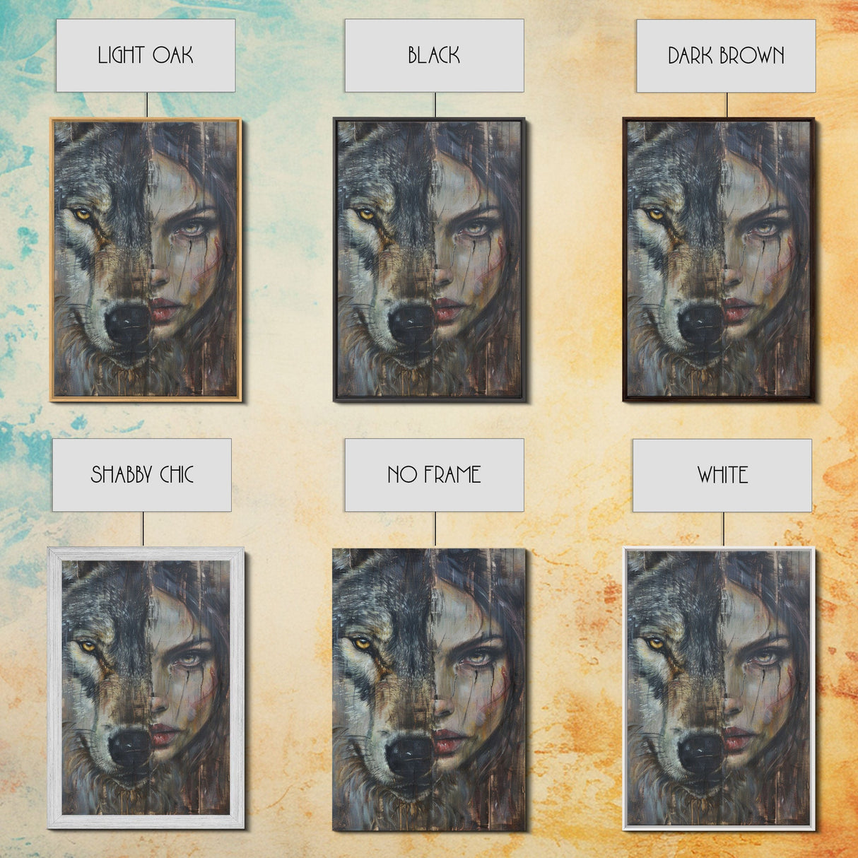 Half Witch Half Wolf, Double Exposure, Unique Halloween Art Framed Canvas Print, Halloween Products, Spooky Witch Poster Art