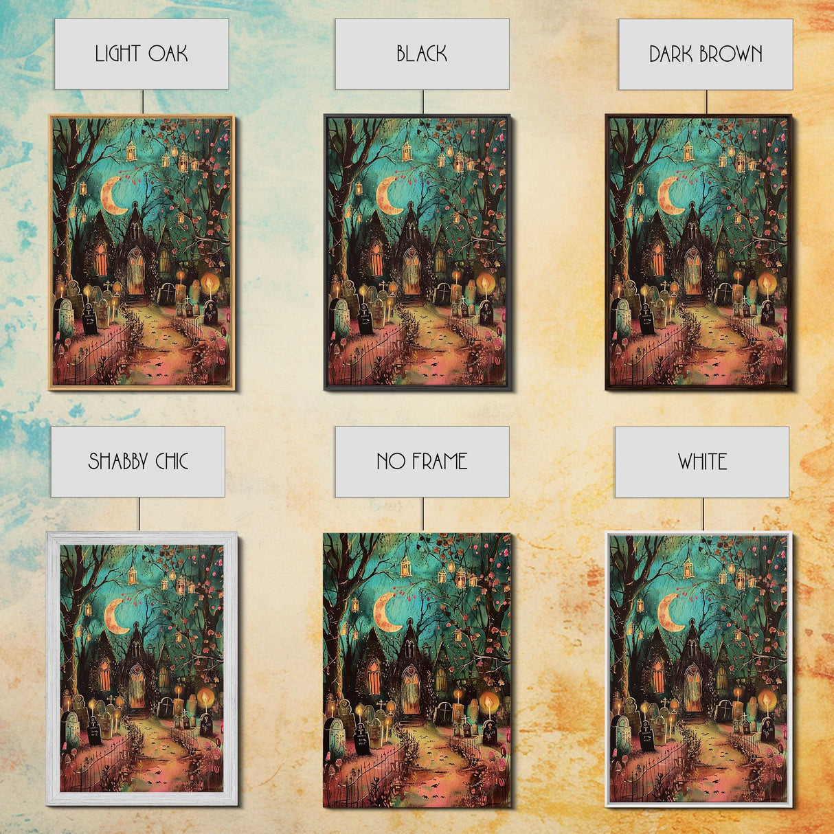 Gothic Churchyard with Moon and Lanterns Framed Canvas Print, Wall Art, Spooky Home Decor, Halloween Cemetery, Gothic Art, Haunted Graveyard